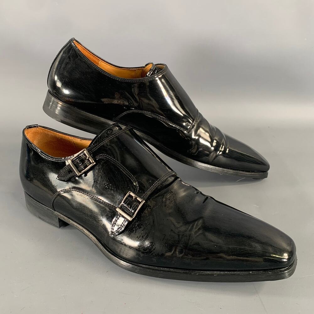 MAGNANNI Size 10 Black Shimmery Patent Leather Monk Strap Loafers